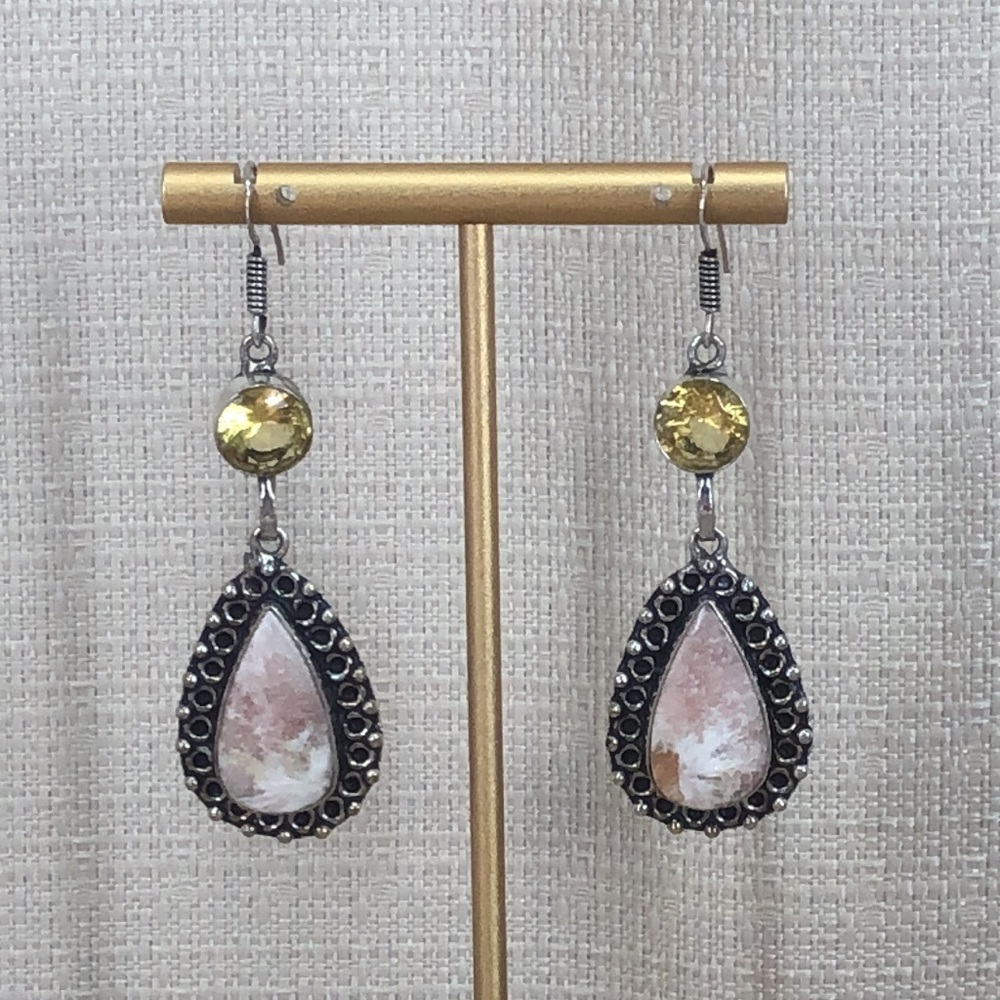 Scolecite and citrine stone silver boho tear drop earrings